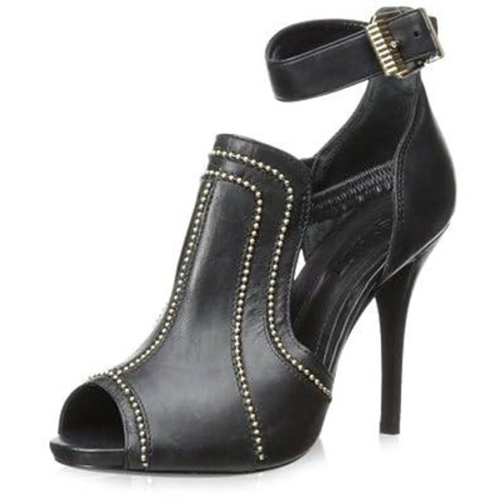 Schutz Womens Cwen Black Leather Gold Studded Peep Toe Stiletto Heels 10B
